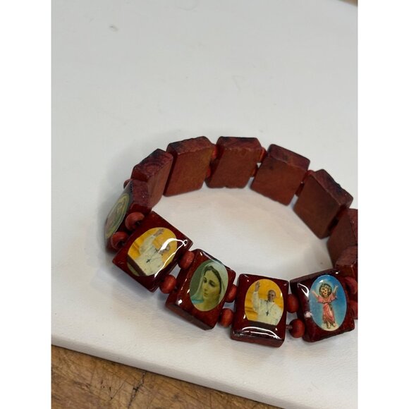 Religious Wooden Stretch Bracelet With Catholic Saint Images - Picture 6 of 8
